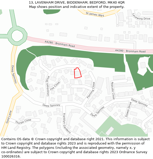 13, LAVENHAM DRIVE, BIDDENHAM, BEDFORD, MK40 4QR: Location map and indicative extent of plot