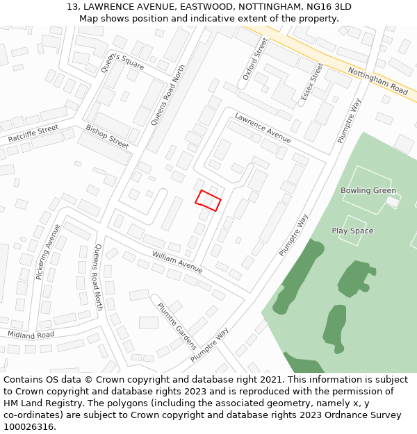 13, LAWRENCE AVENUE, EASTWOOD, NOTTINGHAM, NG16 3LD: Location map and indicative extent of plot