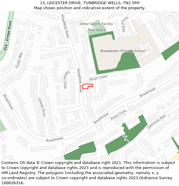 13, LEICESTER DRIVE, TUNBRIDGE WELLS, TN2 5PH: Location map and indicative extent of plot