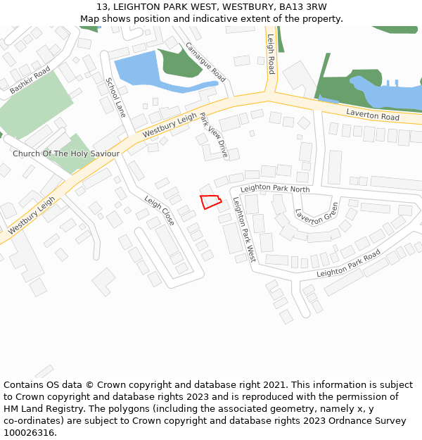 13, LEIGHTON PARK WEST, WESTBURY, BA13 3RW: Location map and indicative extent of plot