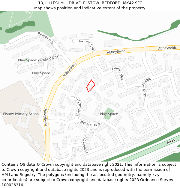 13, LILLESHALL DRIVE, ELSTOW, BEDFORD, MK42 9FG: Location map and indicative extent of plot