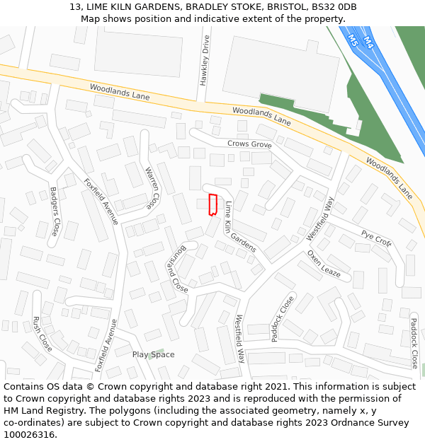 13, LIME KILN GARDENS, BRADLEY STOKE, BRISTOL, BS32 0DB: Location map and indicative extent of plot