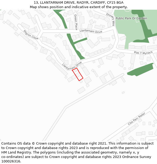 13, LLANTARNAM DRIVE, RADYR, CARDIFF, CF15 8GA: Location map and indicative extent of plot