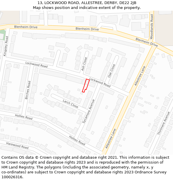 13, LOCKWOOD ROAD, ALLESTREE, DERBY, DE22 2JB: Location map and indicative extent of plot