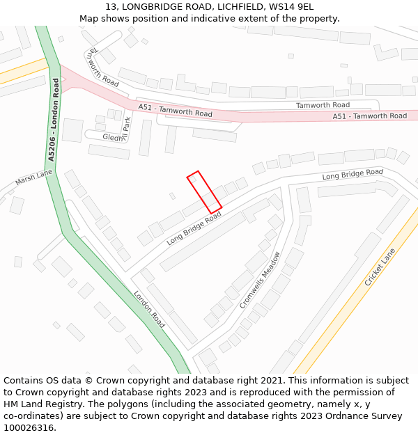 13, LONGBRIDGE ROAD, LICHFIELD, WS14 9EL: Location map and indicative extent of plot