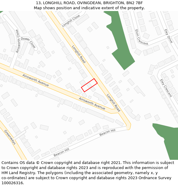 13, LONGHILL ROAD, OVINGDEAN, BRIGHTON, BN2 7BF: Location map and indicative extent of plot