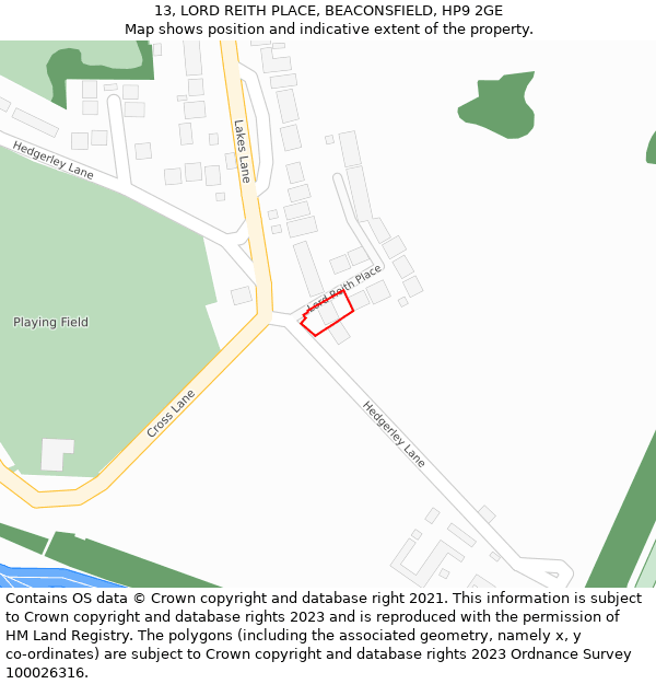 13, LORD REITH PLACE, BEACONSFIELD, HP9 2GE: Location map and indicative extent of plot