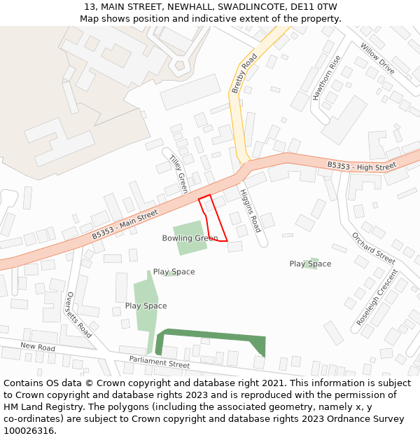 13, MAIN STREET, NEWHALL, SWADLINCOTE, DE11 0TW: Location map and indicative extent of plot