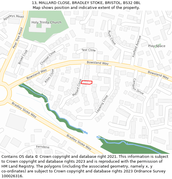 13, MALLARD CLOSE, BRADLEY STOKE, BRISTOL, BS32 0BL: Location map and indicative extent of plot