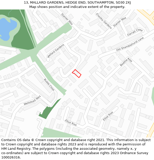 13, MALLARD GARDENS, HEDGE END, SOUTHAMPTON, SO30 2XJ: Location map and indicative extent of plot