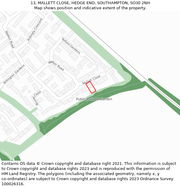 13, MALLETT CLOSE, HEDGE END, SOUTHAMPTON, SO30 2NH: Location map and indicative extent of plot