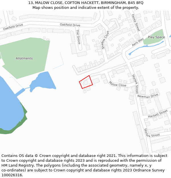 13, MALOW CLOSE, COFTON HACKETT, BIRMINGHAM, B45 8FQ: Location map and indicative extent of plot