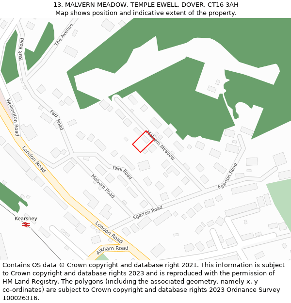 13, MALVERN MEADOW, TEMPLE EWELL, DOVER, CT16 3AH: Location map and indicative extent of plot