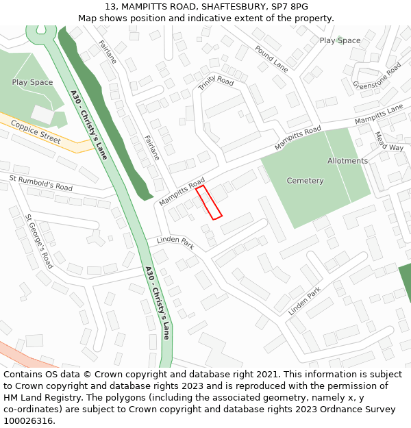 13, MAMPITTS ROAD, SHAFTESBURY, SP7 8PG: Location map and indicative extent of plot