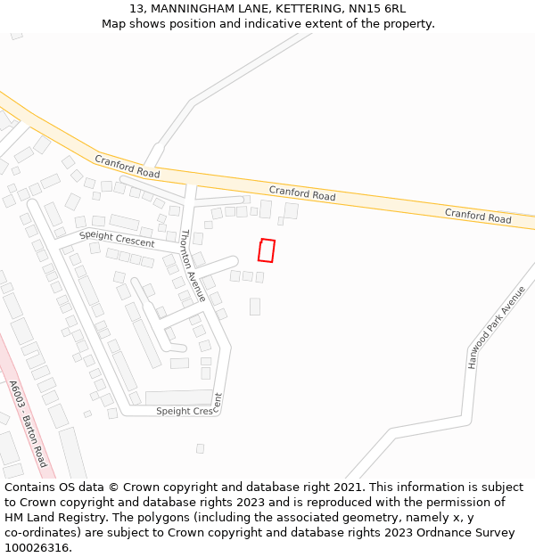 13, MANNINGHAM LANE, KETTERING, NN15 6RL: Location map and indicative extent of plot