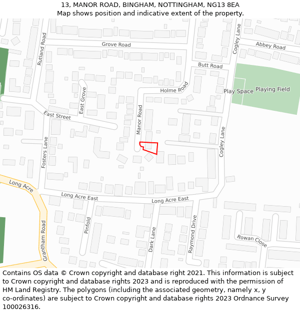 13, MANOR ROAD, BINGHAM, NOTTINGHAM, NG13 8EA: Location map and indicative extent of plot