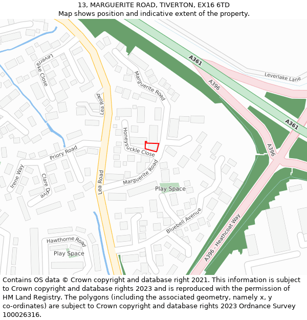 13, MARGUERITE ROAD, TIVERTON, EX16 6TD: Location map and indicative extent of plot