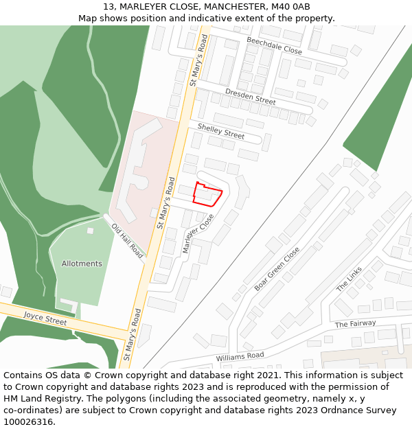 13, MARLEYER CLOSE, MANCHESTER, M40 0AB: Location map and indicative extent of plot