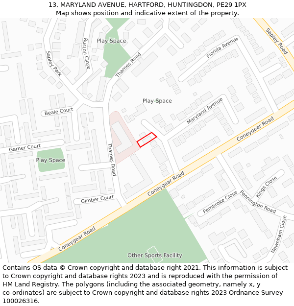 13, MARYLAND AVENUE, HARTFORD, HUNTINGDON, PE29 1PX: Location map and indicative extent of plot