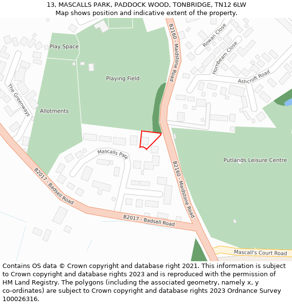 13, MASCALLS PARK, PADDOCK WOOD, TONBRIDGE, TN12 6LW: Location map and indicative extent of plot