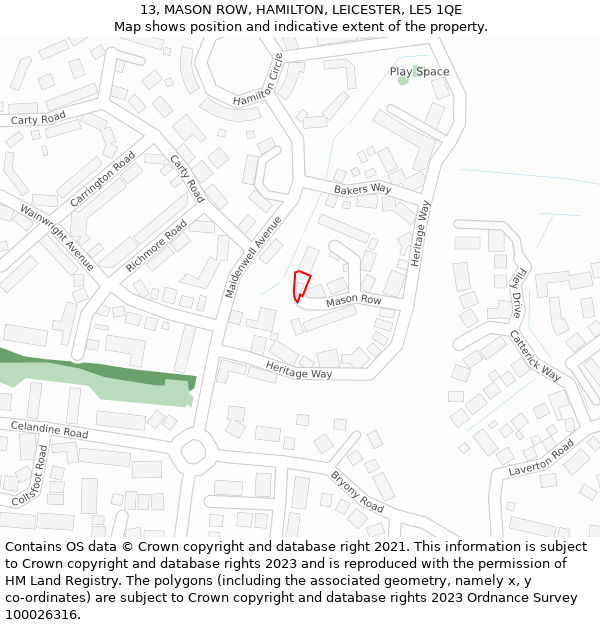 13, MASON ROW, HAMILTON, LEICESTER, LE5 1QE: Location map and indicative extent of plot