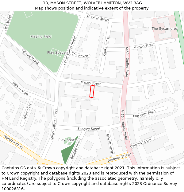13, MASON STREET, WOLVERHAMPTON, WV2 3AG: Location map and indicative extent of plot