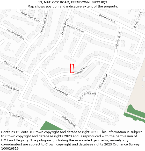 13, MATLOCK ROAD, FERNDOWN, BH22 8QT: Location map and indicative extent of plot