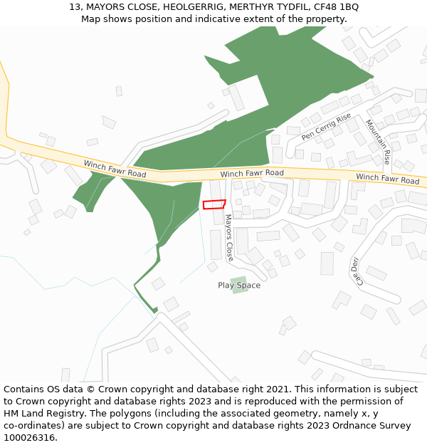 13, MAYORS CLOSE, HEOLGERRIG, MERTHYR TYDFIL, CF48 1BQ: Location map and indicative extent of plot