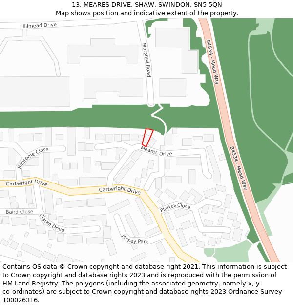 13, MEARES DRIVE, SHAW, SWINDON, SN5 5QN: Location map and indicative extent of plot