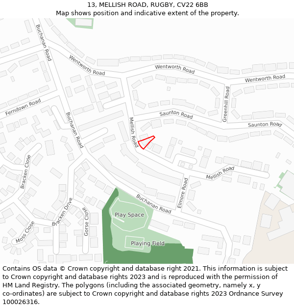 13, MELLISH ROAD, RUGBY, CV22 6BB: Location map and indicative extent of plot