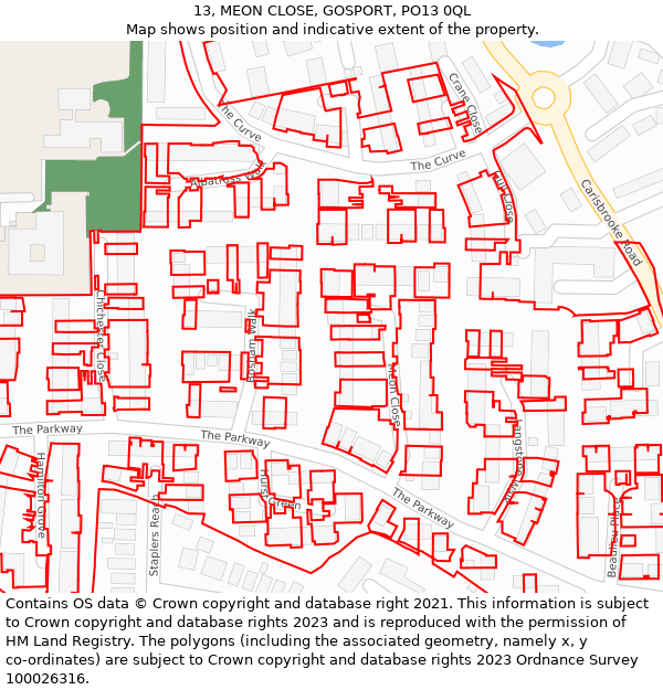 13, MEON CLOSE, GOSPORT, PO13 0QL: Location map and indicative extent of plot