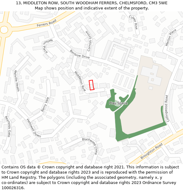 13, MIDDLETON ROW, SOUTH WOODHAM FERRERS, CHELMSFORD, CM3 5WE: Location map and indicative extent of plot