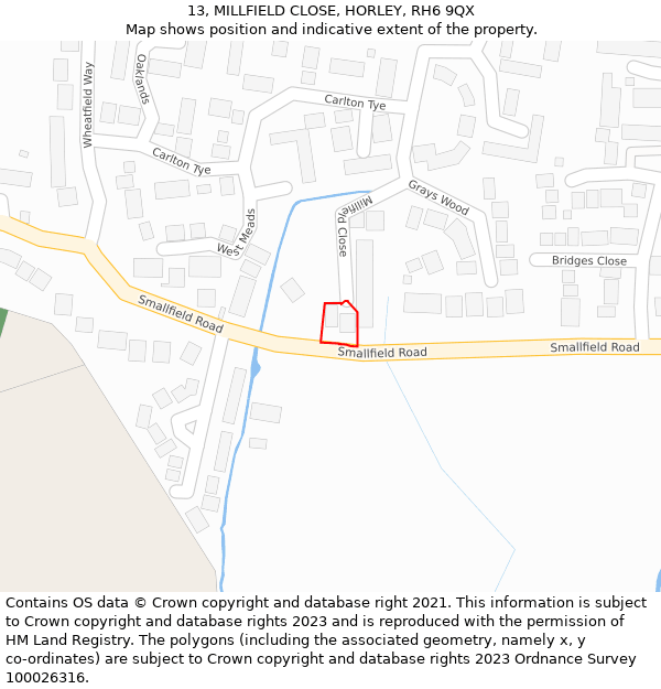 13, MILLFIELD CLOSE, HORLEY, RH6 9QX: Location map and indicative extent of plot