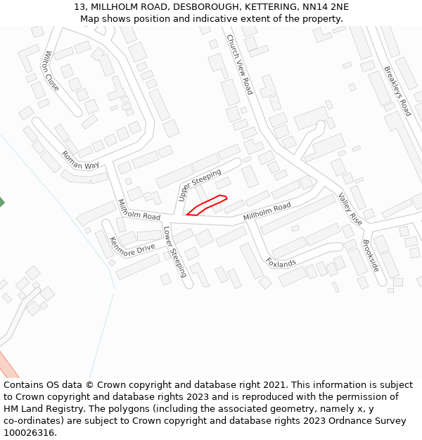 13, MILLHOLM ROAD, DESBOROUGH, KETTERING, NN14 2NE: Location map and indicative extent of plot
