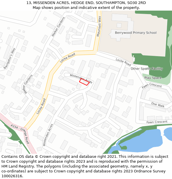 13, MISSENDEN ACRES, HEDGE END, SOUTHAMPTON, SO30 2RD: Location map and indicative extent of plot