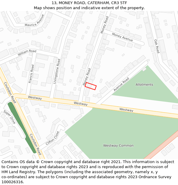 13, MONEY ROAD, CATERHAM, CR3 5TF: Location map and indicative extent of plot