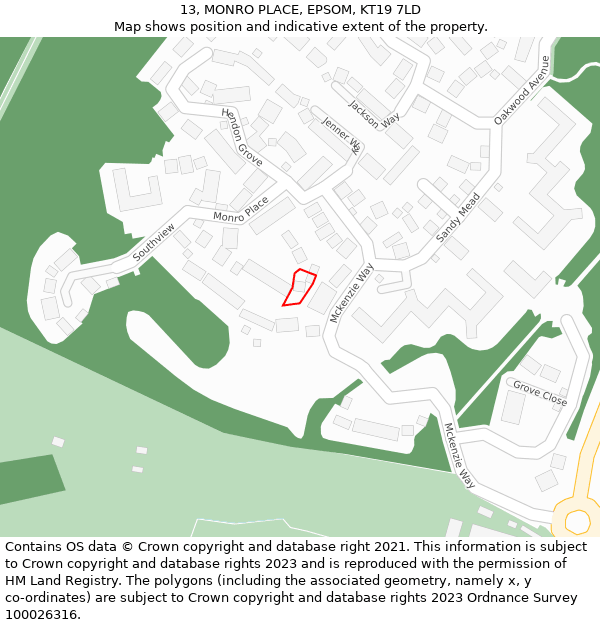 13, MONRO PLACE, EPSOM, KT19 7LD: Location map and indicative extent of plot