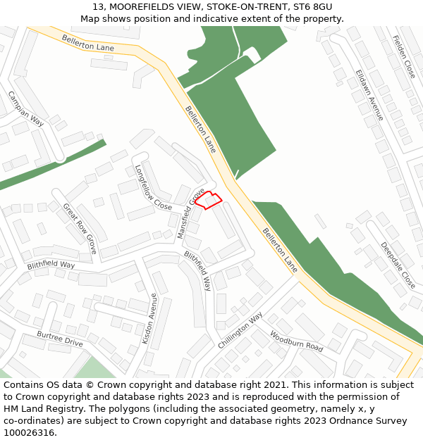 13, MOOREFIELDS VIEW, STOKE-ON-TRENT, ST6 8GU: Location map and indicative extent of plot
