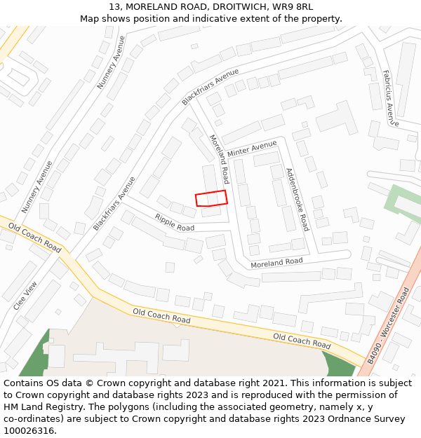 13, MORELAND ROAD, DROITWICH, WR9 8RL: Location map and indicative extent of plot