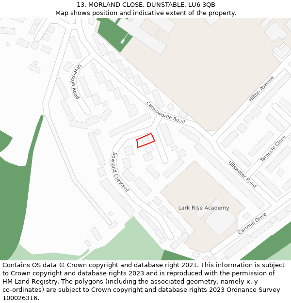 13, MORLAND CLOSE, DUNSTABLE, LU6 3QB: Location map and indicative extent of plot