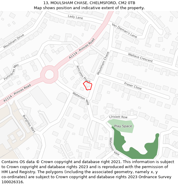 13, MOULSHAM CHASE, CHELMSFORD, CM2 0TB: Location map and indicative extent of plot