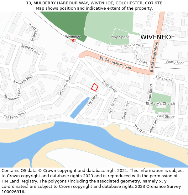 13, MULBERRY HARBOUR WAY, WIVENHOE, COLCHESTER, CO7 9TB: Location map and indicative extent of plot