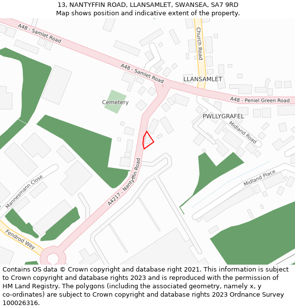 13, NANTYFFIN ROAD, LLANSAMLET, SWANSEA, SA7 9RD: Location map and indicative extent of plot