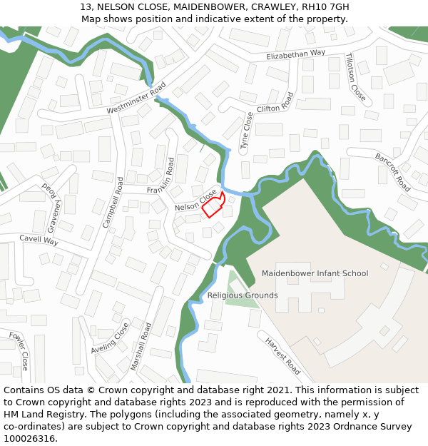 13, NELSON CLOSE, MAIDENBOWER, CRAWLEY, RH10 7GH: Location map and indicative extent of plot