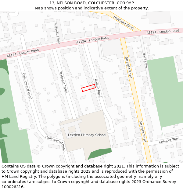 13, NELSON ROAD, COLCHESTER, CO3 9AP: Location map and indicative extent of plot