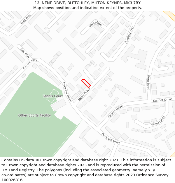 13, NENE DRIVE, BLETCHLEY, MILTON KEYNES, MK3 7BY: Location map and indicative extent of plot