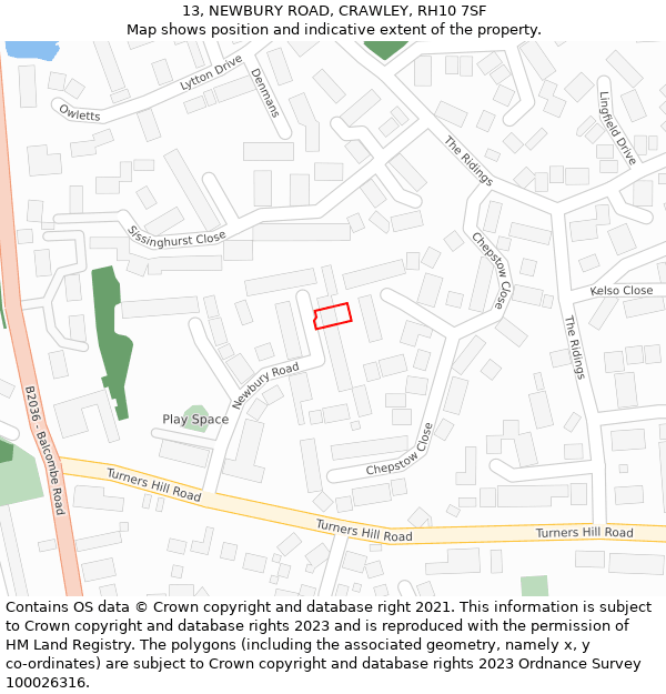 13, NEWBURY ROAD, CRAWLEY, RH10 7SF: Location map and indicative extent of plot