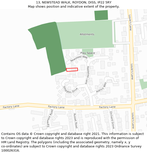13, NEWSTEAD WALK, ROYDON, DISS, IP22 5RY: Location map and indicative extent of plot