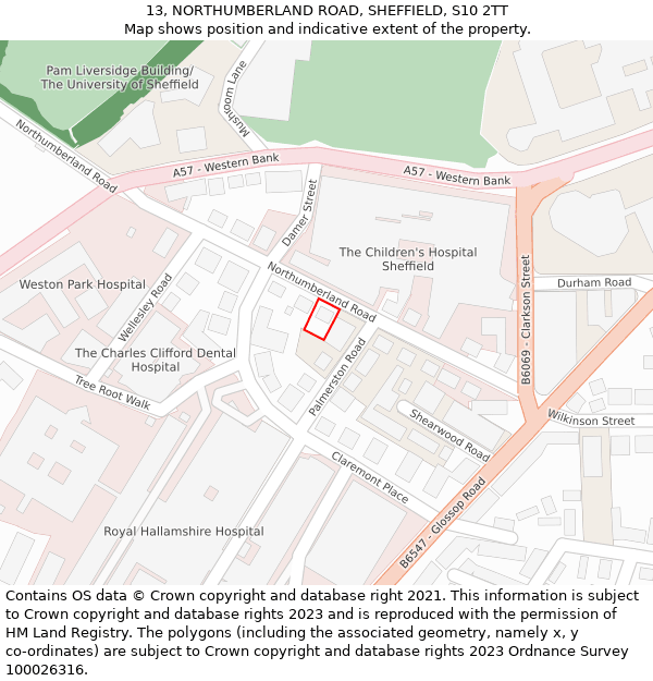13, NORTHUMBERLAND ROAD, SHEFFIELD, S10 2TT: Location map and indicative extent of plot