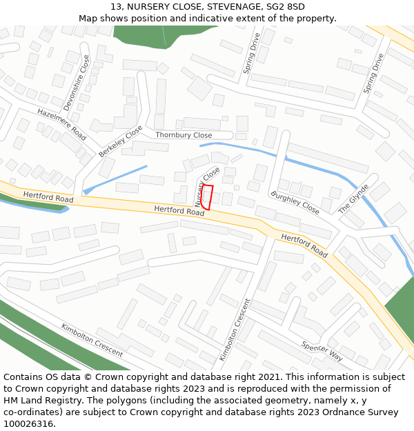 13, NURSERY CLOSE, STEVENAGE, SG2 8SD: Location map and indicative extent of plot